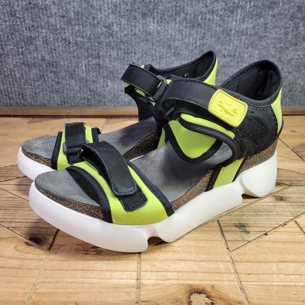 New Fly London Sigo Black Pistachio Wedge Platform Sandals‎ 41 10 - 10.5